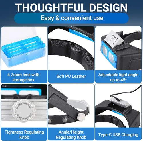 Vista 3 de YOCTOSUN - Lupas de aumento con luz para trabajo de cerca, lupa recargable con diadema con 4 lentes 1.5X-3.5X, visor de lupa manos libres
