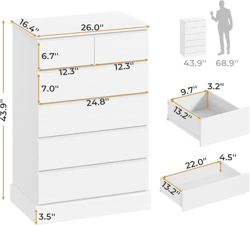 Vista 2 de Hasuit Cómoda de 6 cajones para dormitorio, cajonera alta, organizador de almacenamiento para armario, moderna torre de almacenamiento de ropa