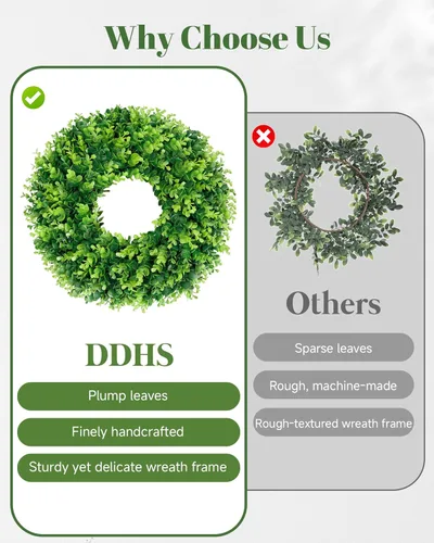 Vista 4 de DDHS Corona de boj de 18 pulgadas para puerta principal – Corona artificial verde de casa de campo, decoración DIY para primavera, verano, otoño e