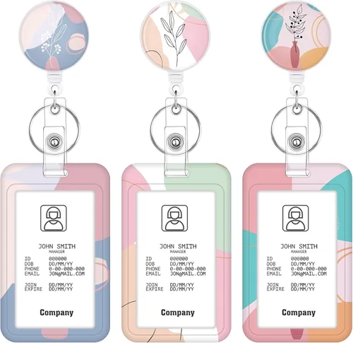 Vista 20 de Juego de 3 portatarjetas de alta resistencia con carrete retráctil, soporte retráctil de mármol para tarjetas de identificación con clip, funda