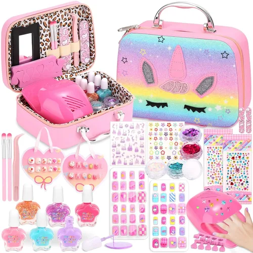 Esmalte de uñas para niñas con juego de uñas postizas, kit de arte de uñas no tóxico con secadora portátil y funda de unicornio, lindos juguetes de