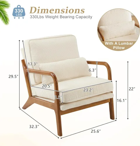 Vista 2 de VINGLI Juego Mejorado de 2 Sillones de Acento de Pana Premium, Sillón Tapizado con Brazos, Silla de Lectura Cómoda de Madera Maciza con Almohada