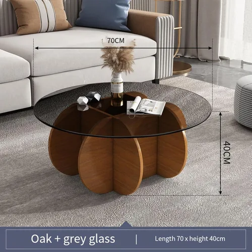 Vista 2 de HM&DX Mesa auxiliar redonda de cristal, base de madera maciza y parte superior de vidrio templado transparente, mesa auxiliar de café, mesa central