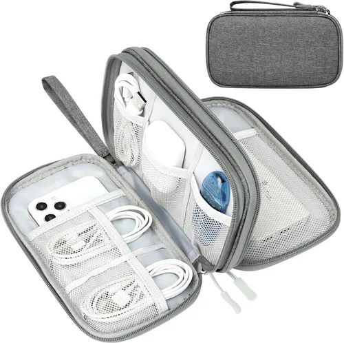 Vista 10 de FYY Organizador para cosas electrónicas, para viajes, para cables, celular y auriculares, estuche portátil, impermeable, doble capa, bolsa de Rosa