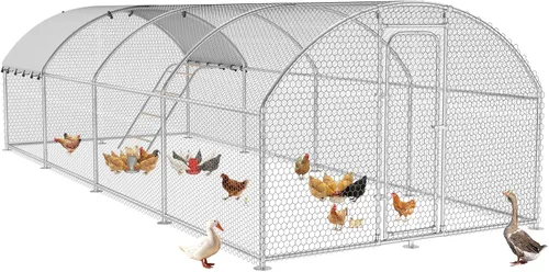 Vista 8 de Gallinero de metal con paso, 10 x 5 x 6.4 pies, jaula para aves de corral al aire libre, perca mejorada, cubierta impermeable y antiultravioleta