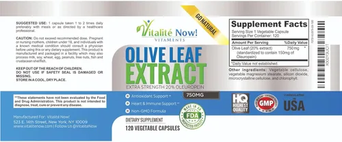 Vista 4 de Vitalité Now! Super Strength Best Olive Leaf Extract (Non-GMO) - 20% Oleuropein - Immune Support Supplement - Up to 4 Months - 750mg Capsules