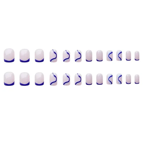 Vista 3 de Uñas postizas cortas cuadradas a presión, uñas postizas francesas acrílicas de cobertura completa, uñas postizas brillantes, puntas de remolino azul