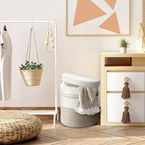 Vista 7 de Cesta de lavandería Goodheim con tapa, cesta de lavandería tejida, cesta de almacenamiento para mantas y juguetes para sala de estar, dormitorio