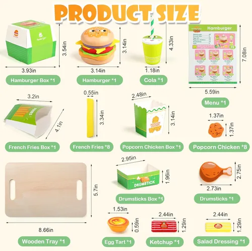 Vista 7 de Juego de comida de madera para hamburguesas para niños, juego de comida rápida con bandeja, accesorios de cocina de juego de simulación para niños