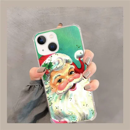 Vista 2 de Funda retro vintage de Papá Noel de Navidad para iPhone 15 Plus, linda funda de dibujos animados Kawaii de invierno para niñas, niños, mujeres