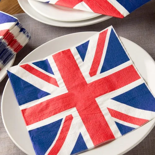Vista 4 de Juvale Servilletas británicas de 2 capas, 6.5 x 6.5 pulgadas, 100 unidades, servilletas de papel de cóctel Union Jack para suministros de fiesta