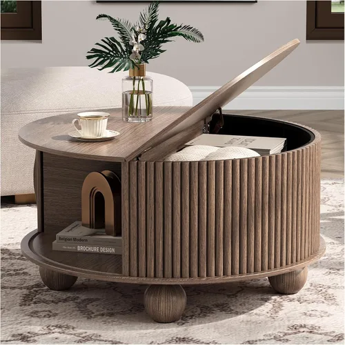 Vista 16 de Mesa auxiliar ovalada con almacenamiento, mesa de centro acanalada de 42.5 pulgadas con parte superior de elevación y patas de madera maciza, mesa