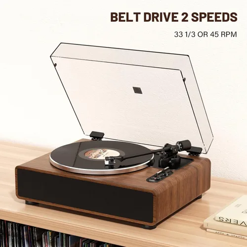 Vista 7 de Record Player for Vinyl with Built in Speakers, HiFi Belt Drive Turntable with Magnetic Cartridge AT-3600L, Phono Preamp, Bluetooth, Aux-in, Belt