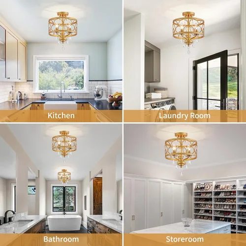 Vista 9 de Lámpara de techo de cristal, moderna lámpara de araña pequeña, lámpara de techo semiempotrada dorada de granja, accesorios de iluminación de pasillo