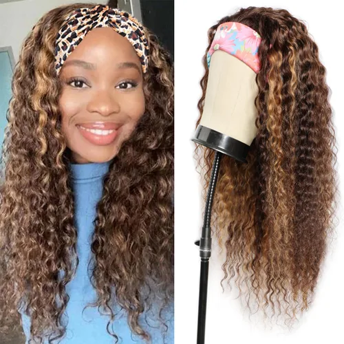 Vista 7 de Aiterina - Peluca de diadema de onda profunda con cabello humano para mujeres negras, cabello remy brasileño, sin pegamento, sin encaje frontal