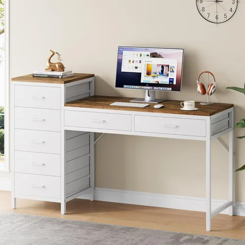 Escritorio para computadora con cajón reversible, escritorios de oficina en casa de 55 pulgadas con 7 cajones, estación de trabajo moderna y