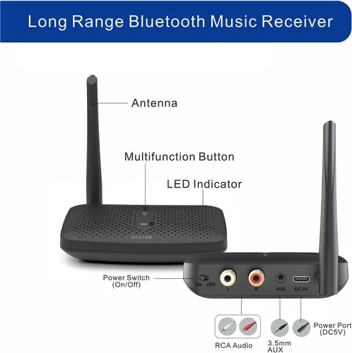 Vista 2 de Besign BE-RCA Pro - Adaptador Bluetooth de largo alcance para transmisión de música Bluetooth, color negro
