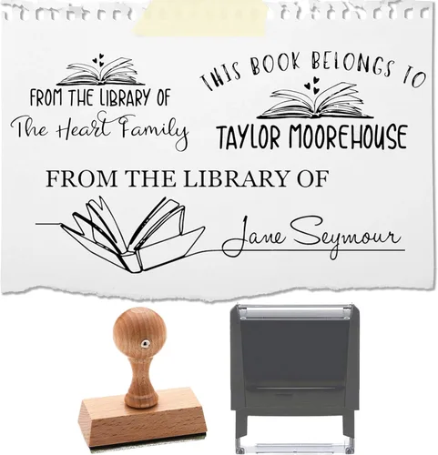 Vista 3 de De The Library of Book Stamp Este pertenece a un sello personalizado autoentintado o mango de madera, nombre personalizado para profesor