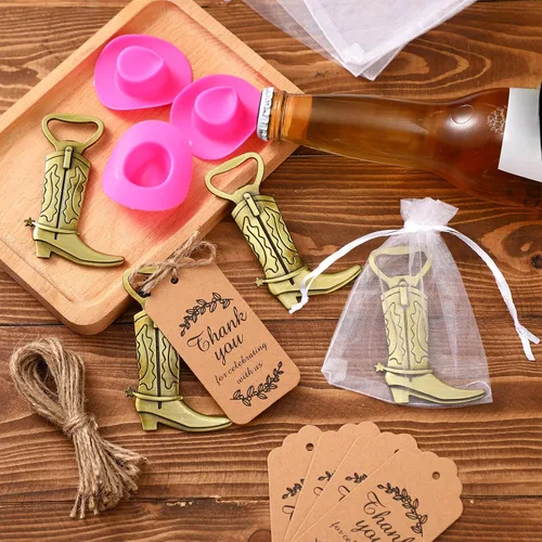 Vista 5 de Batiyeer Paquete de 30 botas vaqueras abrebotellas con mini sombrero de vaquero rosa de plástico, baby shower, abrebotellas occidentales, recuerdos