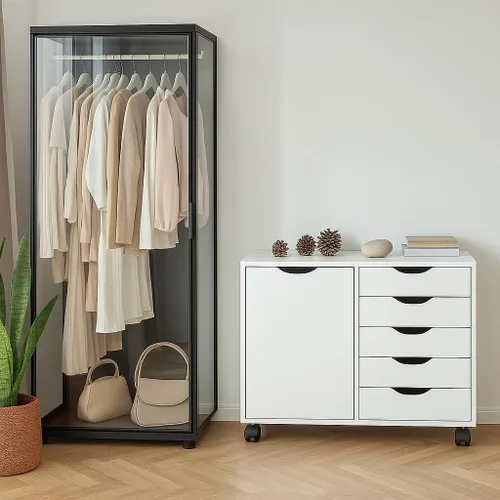 Vista 179 de Naomi Home Cómoda de 5 cajones para dormitorio, alta y elegante, con ruedas y estantes de almacenamiento, pequeña para guardarropa, para maquillaje