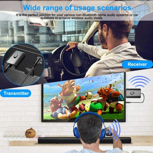 Vista 7 de Bluetooth Car Adapter, Mini Bluetooth 5.0 Stereo Transmitter Receiver, Wireless 3.5mm Aux Jack Hands-Free Calls Kit Audio Adapter Built-in Mic for