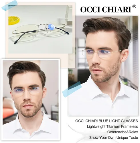 Vista 2 de OCCI CHIARI Gafas de lectura con bloqueo de luz azul para hombre, de titanio, sin marco, ligeras