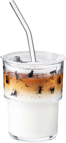 Vista 11 de Olvini Vaso de vidrio de 13 onzas con popote y tapa, vaso reutilizable para café helado, bonitas tazas de vidrio para agua, matcha, tazas de café