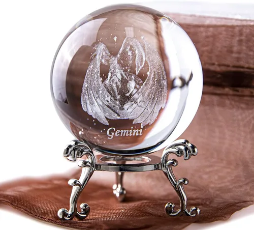 Vista 2 de Bola de cristal de constelación 3D de 60 mm, peso de papel de cristal completo de vidrio Fengshui con soporte floral plateado (Géminis)