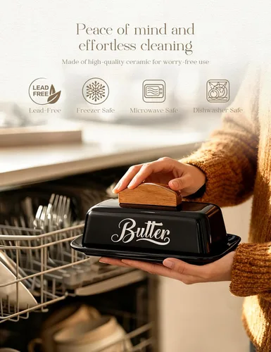 Vista 6 de Mantequillera negra con tapa y cuchillo, bandeja de mantequilla negra, soporte de mantequilla de cerámica para mostrador humanizado con mango