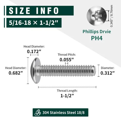 Vista 5 de Tornillos de máquina con cabeza de armadura de 1/4-20 x 1, Phillips Drive, rosca completamente a máquina, acero inoxidable 18-8 304, acabado