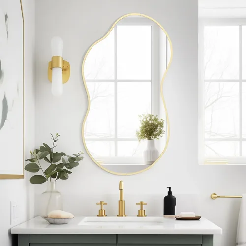 Vista 9 de WallBeyond Espejo de pared irregular, espejo asimétrico con marco de aleación de aluminio, espejo de pared decorativo para sala de estar, Negro