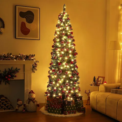 Vista 3 de Homde Árbol de Navidad artificial preiluminado de 6 pies con cono de pino de nieve flocado, 160 luces blancas cálidas, decoración navideña