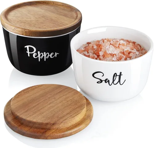 Vista 8 de DAYYET Cuencos de sal y pimienta, bodega de sal de 10 onzas con tapa, recipiente de cerámica apilado para sal y pimienta con tapa de madera