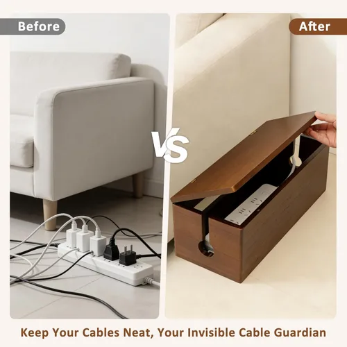 Vista 5 de Caja grande de gestión de cables de madera, caja organizadora de cables de regleta de alimentación, cables de TV para ocultar eléctricos, cables