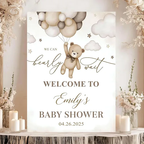 Vista 21 de Letrero de bienvenida con texto en inglés «We Can Bearly Wait Baby Show» para niño, tema de globo de oso de peluche azul