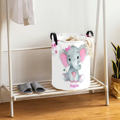 Vista 3 de Cestas de lavandería personalizadas de elefante rosa con nombre, cesta de almacenamiento de ropa plegable con asa para baño, dormitorio, cocina