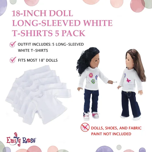 Vista 4 de Emily Rose Value Basics - Paquete de 5 camisetas de manga larga para muñecas de 18 pulgadas, color blanco brillante, para actividades