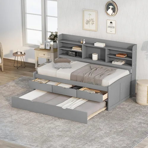 Vista 234 de Quarte Elegante cama de plataforma con estanterías en forma de L, cama de plataforma de madera tamaño individual con 2 cajones de almacenamiento