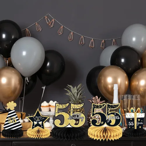 Vista 5 de 9 piezas de decoración de cumpleaños número 55 para centros de mesa de cumpleaños 55 para decoración de mesas, decoraciones de nido de abeja de 55