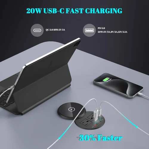 Vista 4 de XBA PD - Ojal de alimentación de escritorio USB C de 20 W con cubierta de cargador inalámbrico de 15 W, regleta de alimentación empotrada con USB A