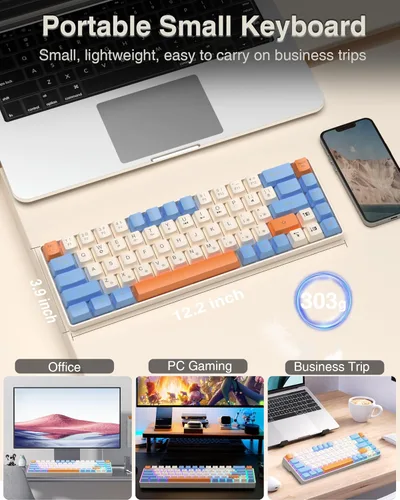 Vista 5 de Teclado 60%, teclado para juegos retroiluminado RGB con cable USB-C, portátil de 68 teclas, mini teclado compacto para viajes de negocios, oficina