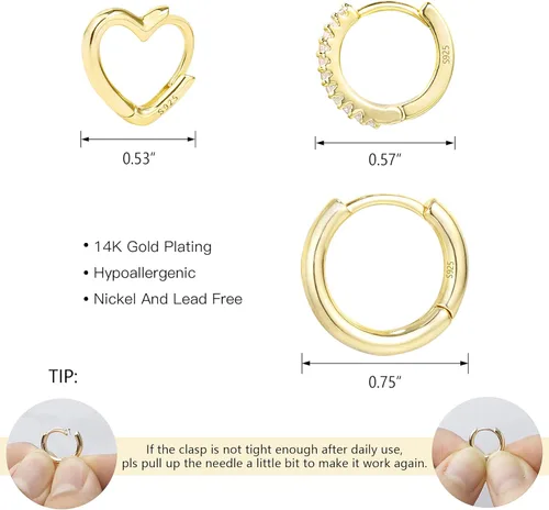 Vista 2 de Alexcraft - Juego de 3 pares de aretes de aro pequeños de oro de 14 quilates, hipoalergénicos, ligeros, para mujeres y niñas