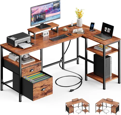 Vista 16 de Furologee Escritorio para computadora en forma de L con toma de corriente, escritorio reversible de oficina en casa para estudio de trabajo, mesa