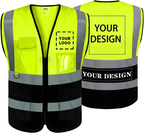 Vista 19 de BeautyWill Chaleco de seguridad con logotipo personalizado, Hi Vis Clase 2, chaleco reflectante de construcción unisex con 5 bolsillos