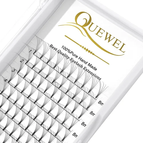 Vista 10 de QUEWEL Extensiones de pestañas listas para colocar, Extensiones de pestañas en abanico prefabricadas 3D de 0.07mm de grosor, rizado C, 10mm