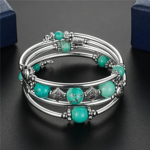 Vista 5 de Pulsera de perlas con cuentas, joyería bohemia de moda multicapa con cuentas gruesas de metal plateado, regalo para mujeres y niñas