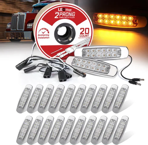 Vista 24 de Paquete de 20 (10 ámbar + 10 rojo) Luces LED de marcador lateral de 12 V con enchufe de 2 cables (CC), 12 luces LED para guardabarros, montaje