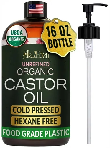 Ella & Eden Aceite de ricino orgánico de 16 onzas – Certificado USDA – Prensado en frío sin refinar – Sin hexano – Para el crecimiento del cabello,