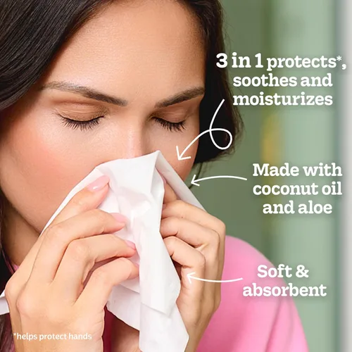 Vista 2 de Kleenex Loción de pañuelos faciales con aceite de coco, 3 cajas planas, 120 pañuelos por caja, 3 capas