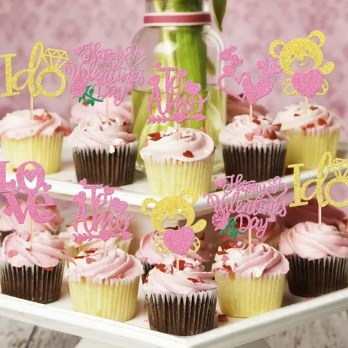 Vista 7 de 24 piezas de decoración para cupcakes para el día de San Valentín, diseño de oso de corazón con purpurina rosa "I Do I Do Cupcake Picks Be Mine